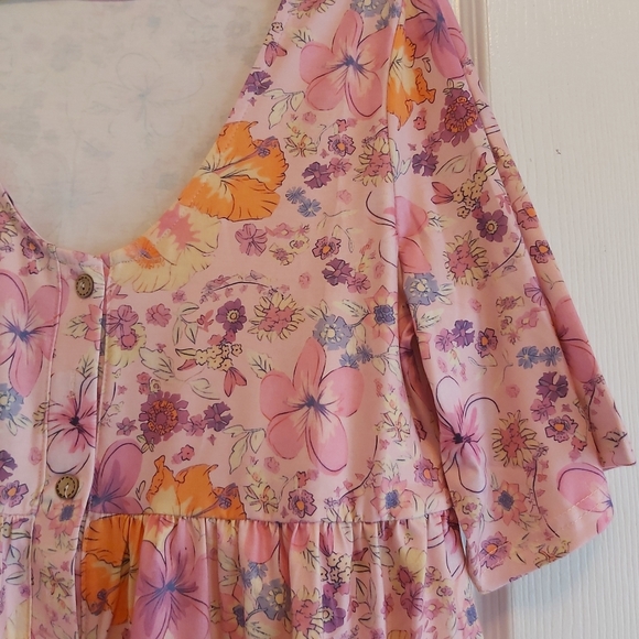 080. Multicolor Hibiscus Floral Print Ruffle Mini Dress  Size M - Picture 11 of 15